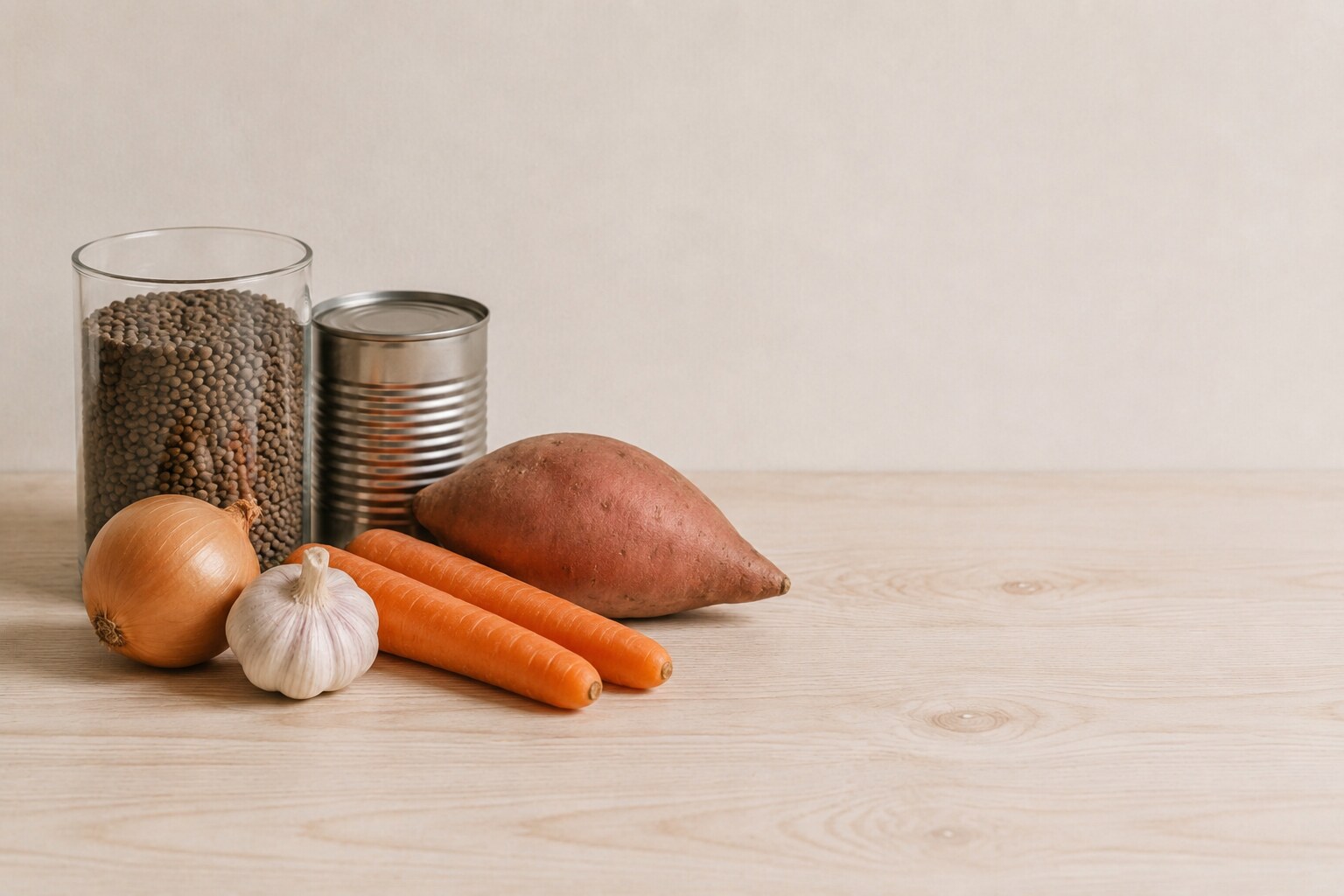 Dry brown lentils, an unlabelled tin, carrots, sweet potato, onion and garlic on a pale bench