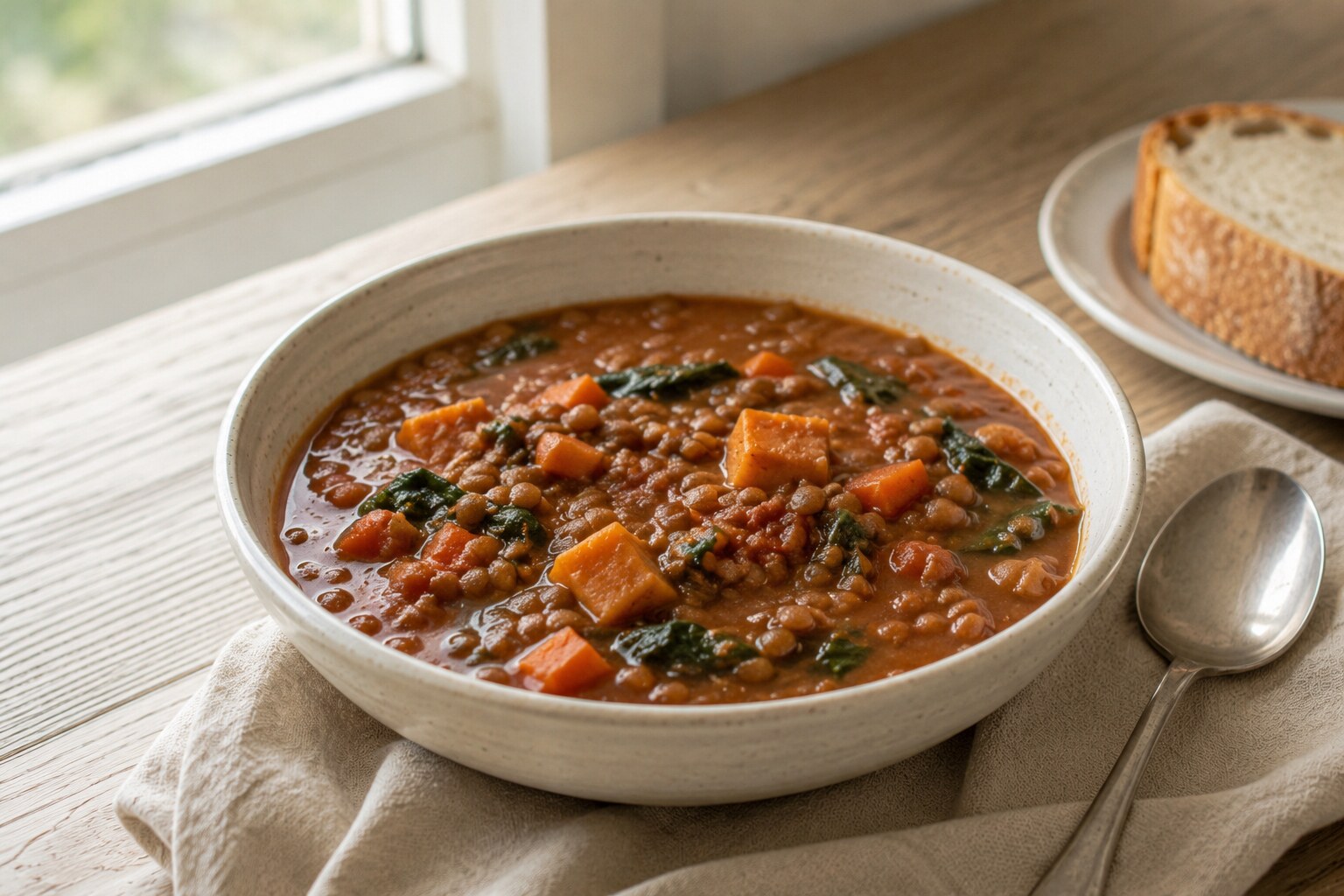 Homemade brown lentil soup with carrot, sweet potato and wilted greens in a cream ceramic bowl