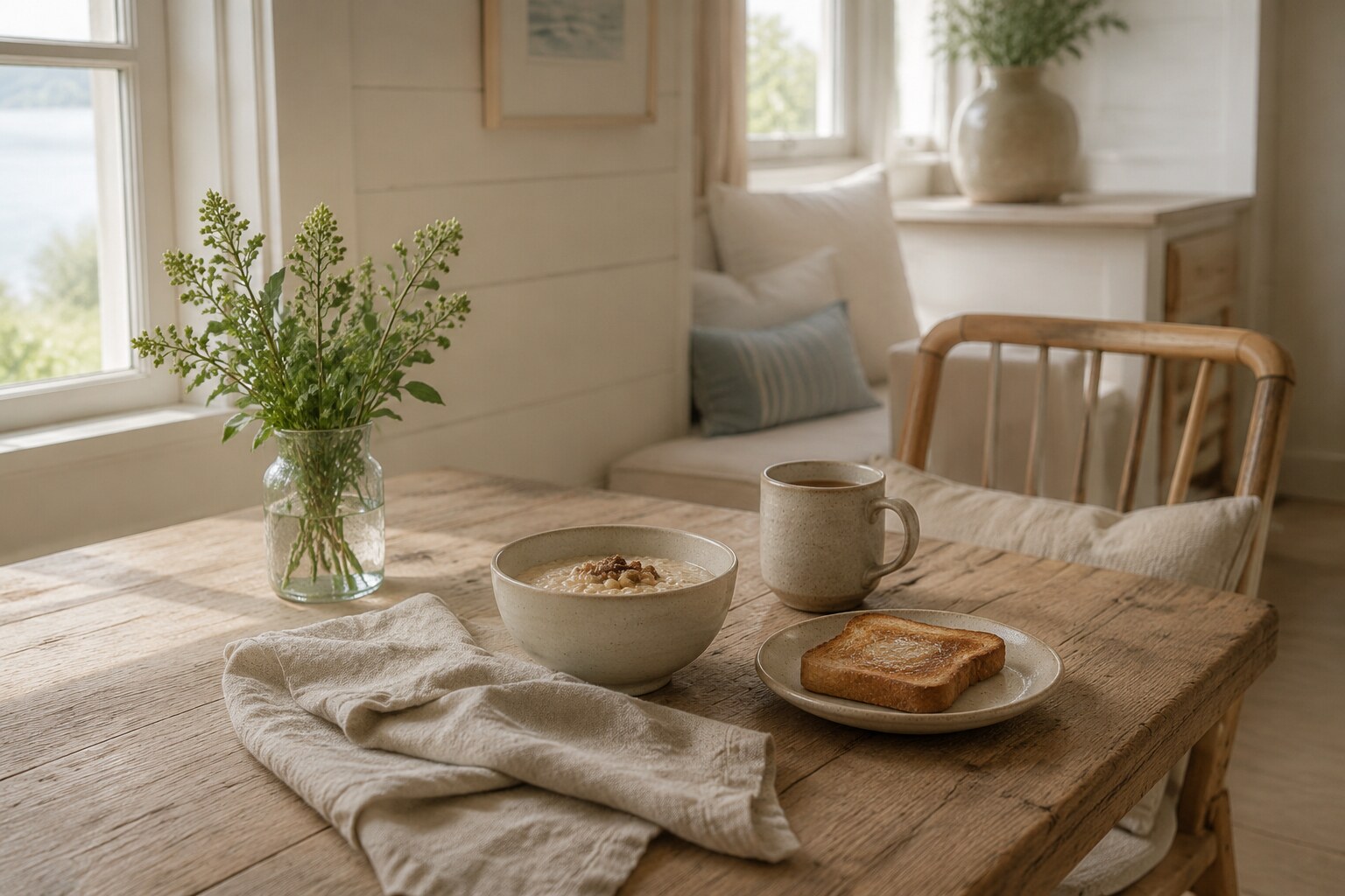 A quiet coastal farmhouse breakfast nook in soft morning light