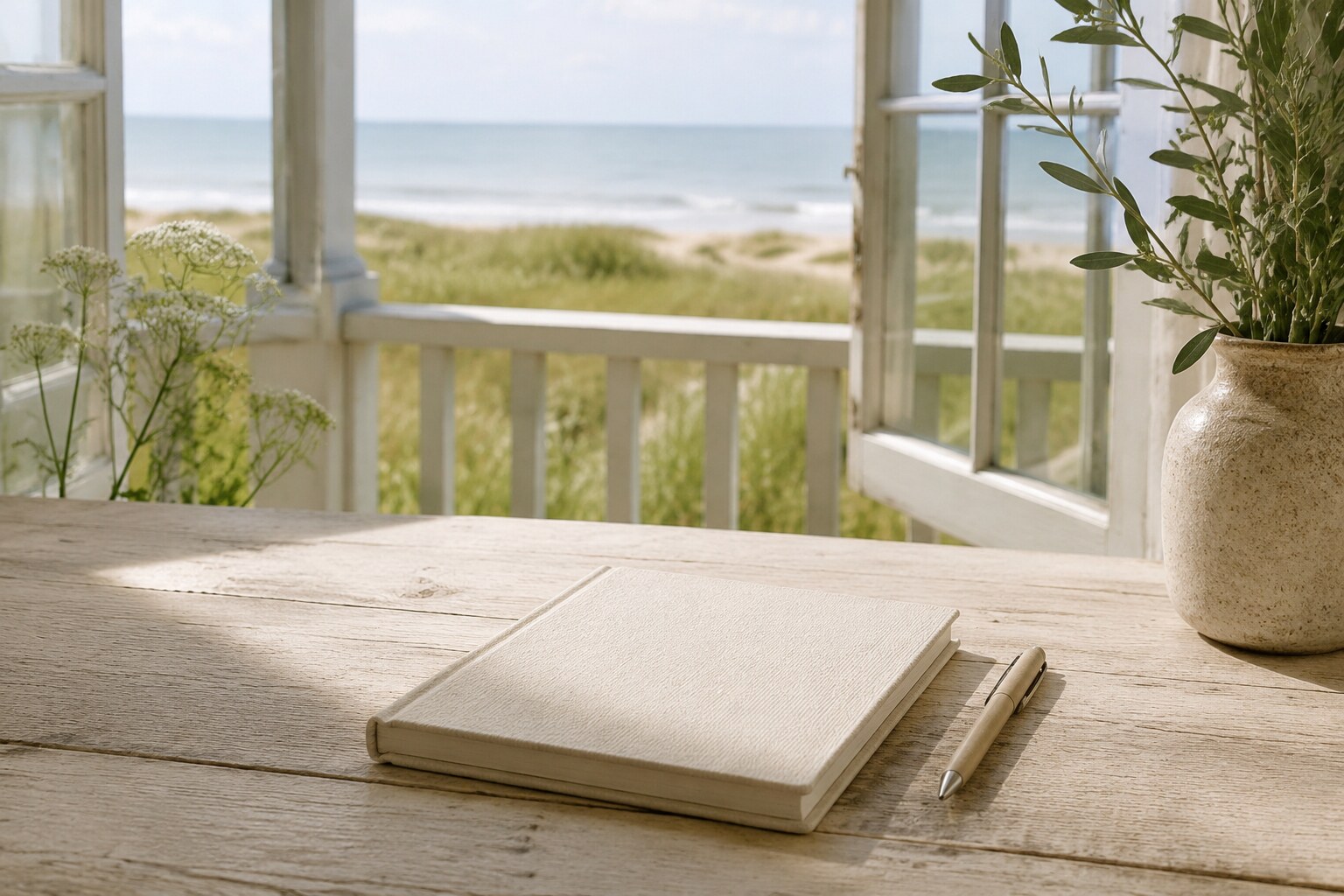 Notebook and pen on a pale timber table beside an open coastal window