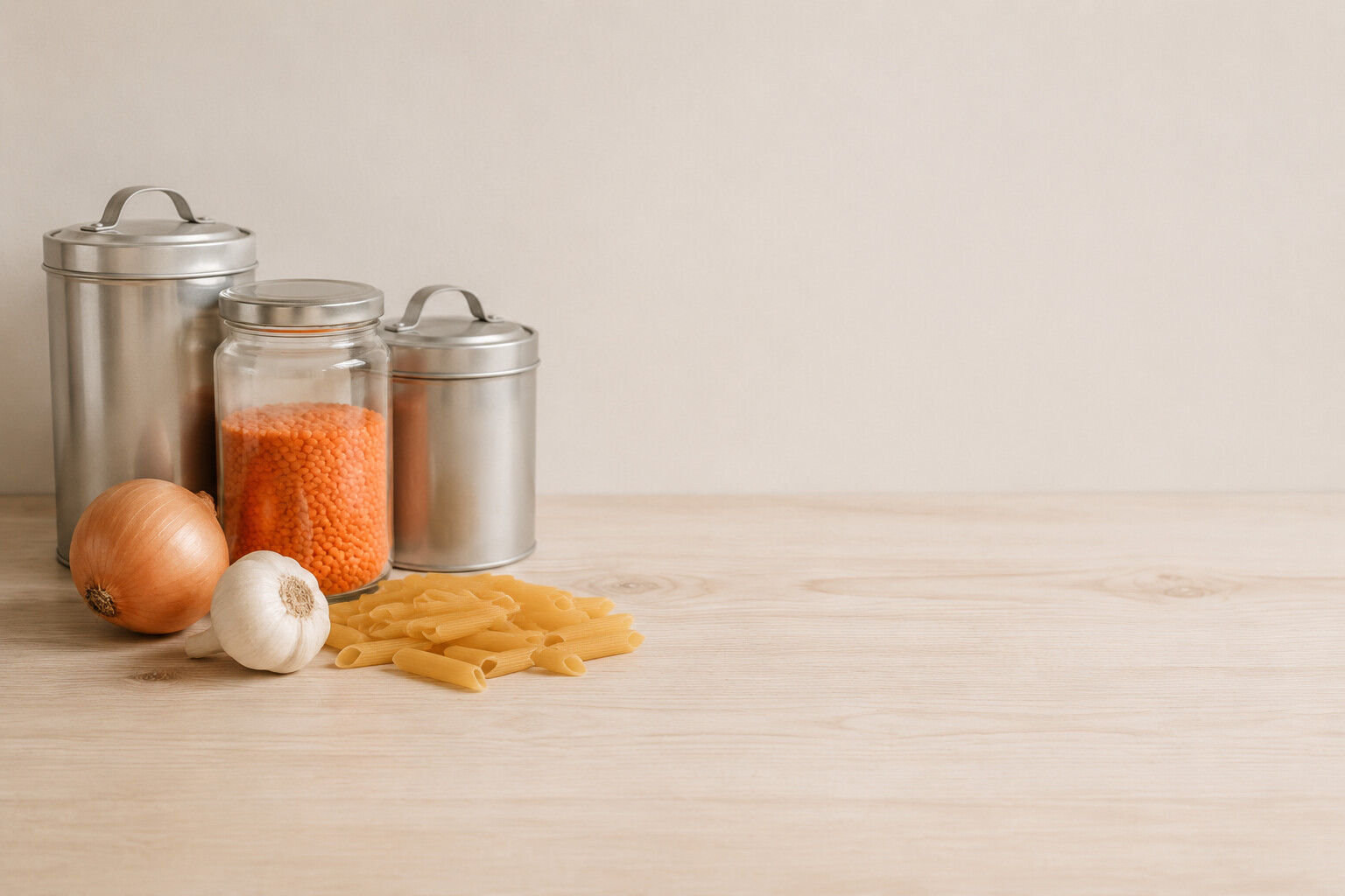 Two unlabelled tins, a jar of red lentils, dry pasta, onion and garlic on a pale bench
