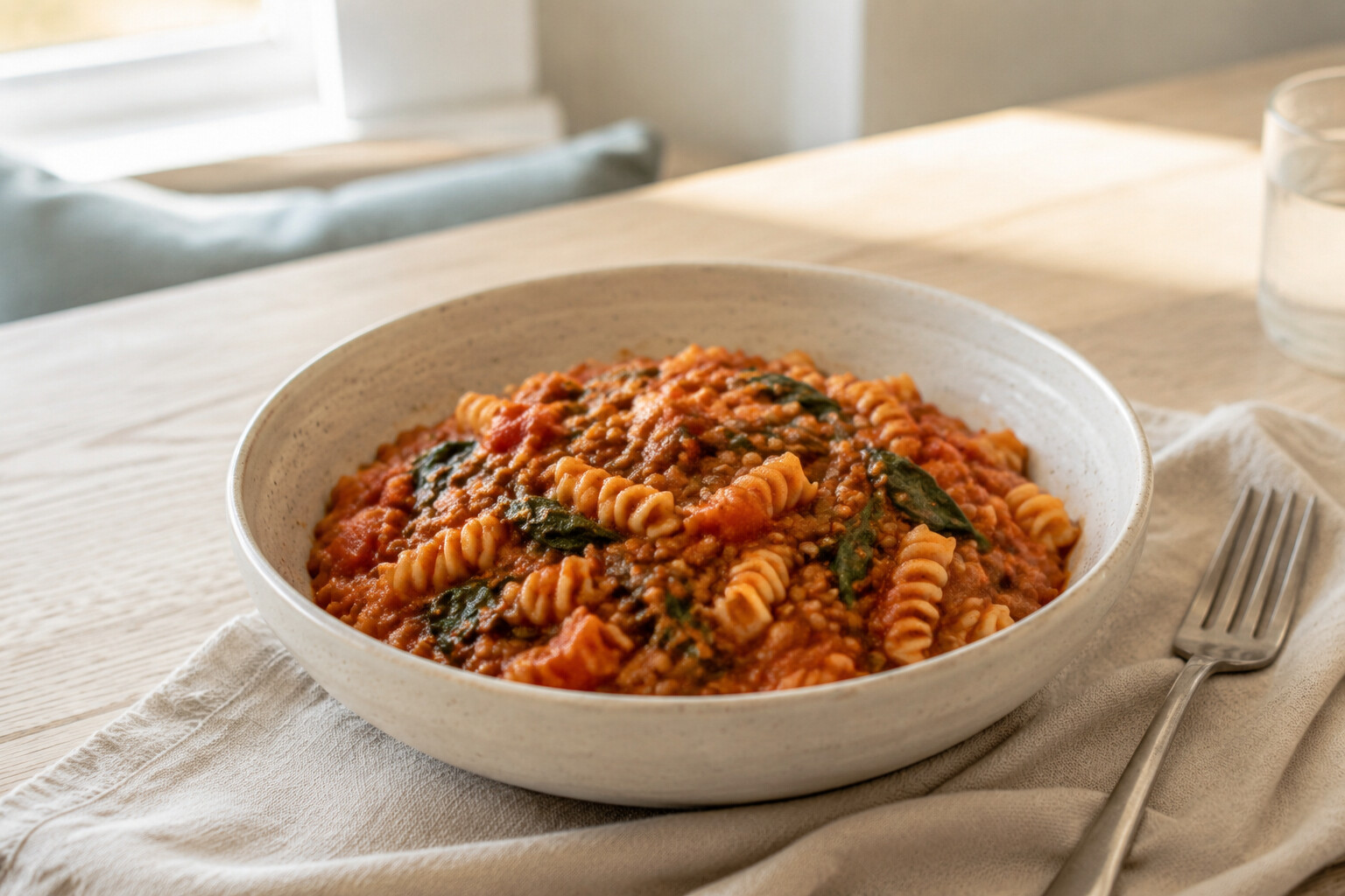 Pasta coated in thick tomato and red lentil sauce with wilted spinach