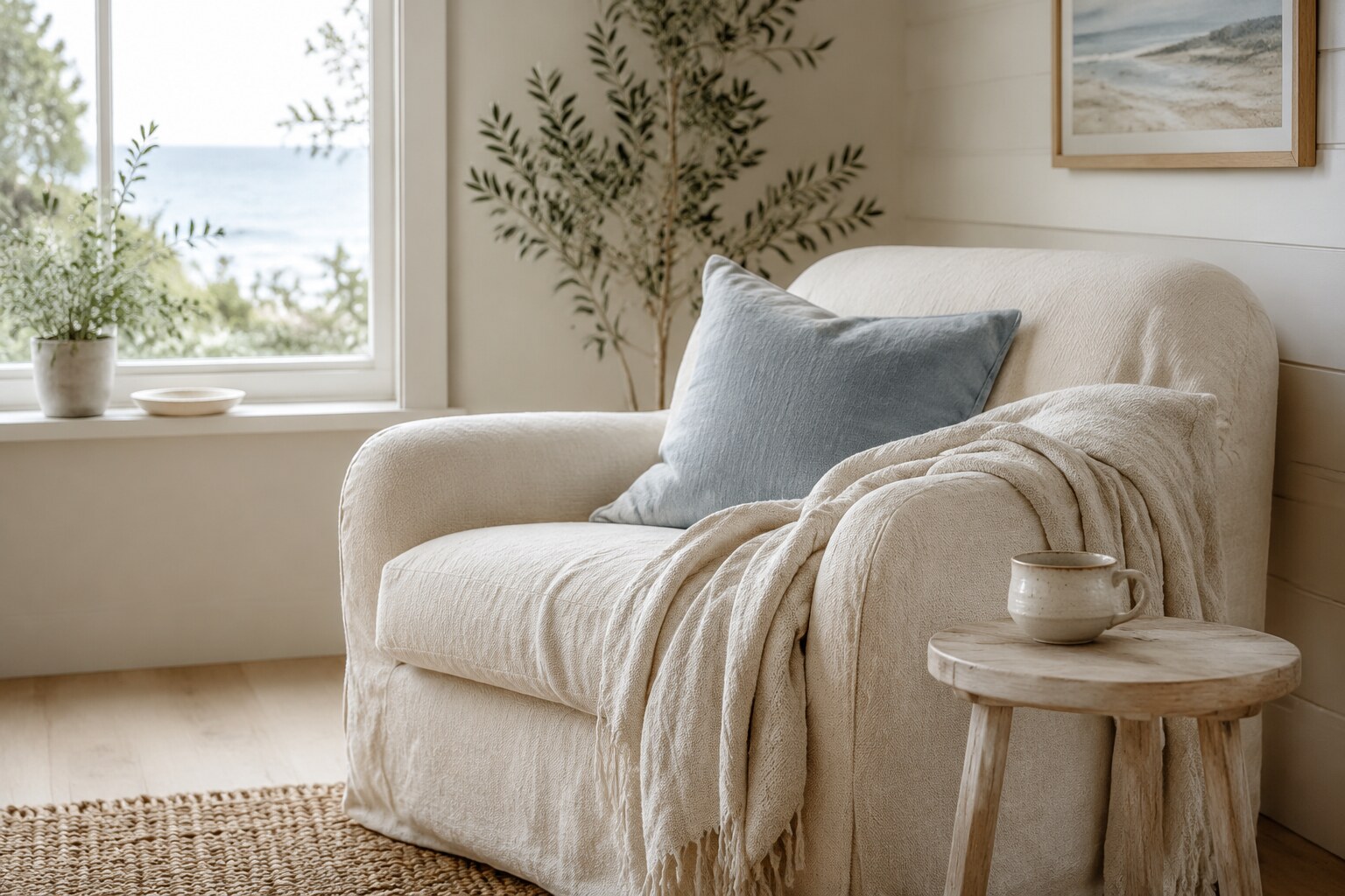 A calm coastal farmhouse armchair with a soft throw and cup in window light