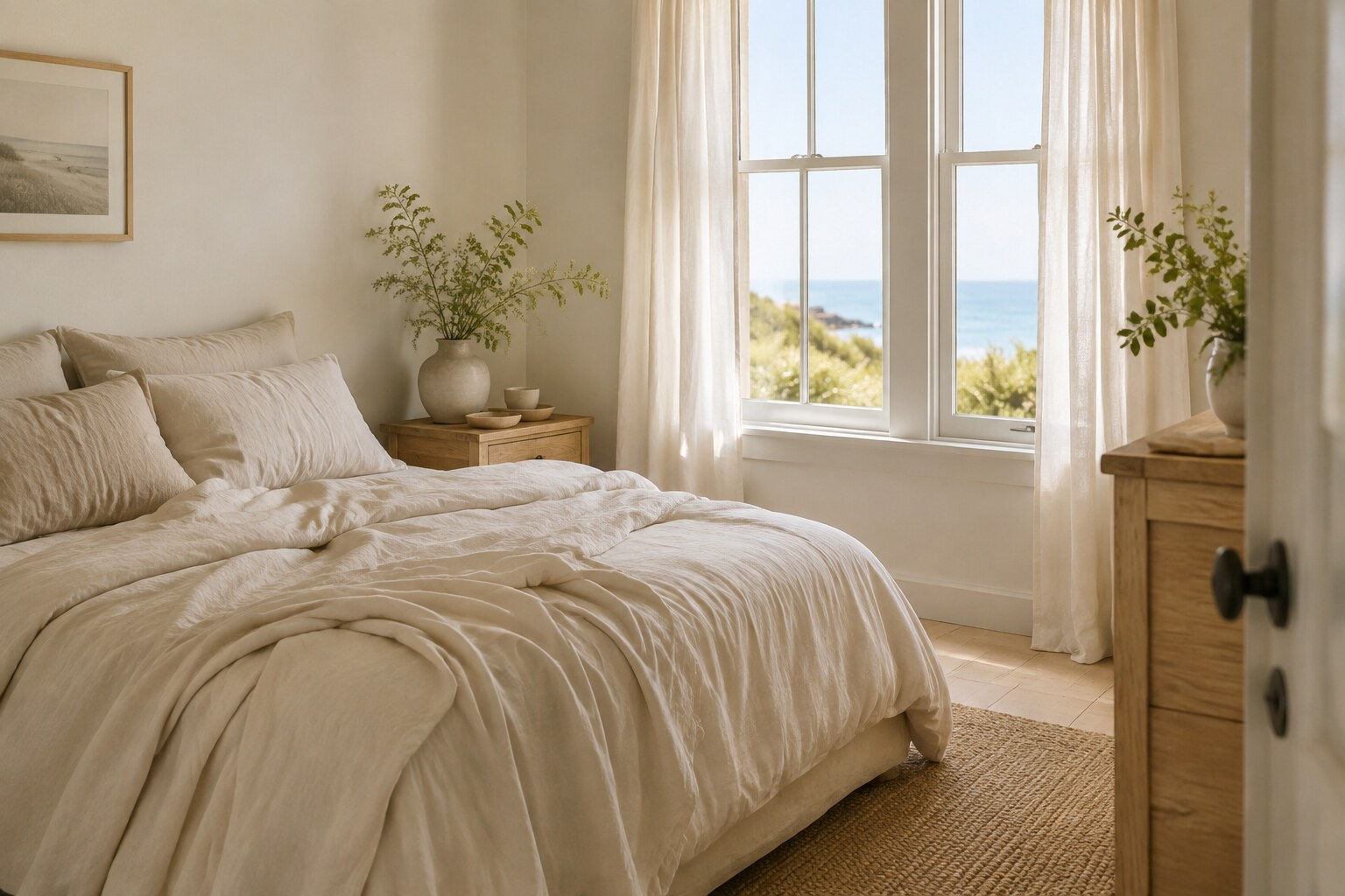 A restful coastal farmhouse bedroom with linen bedding and soft natural light
