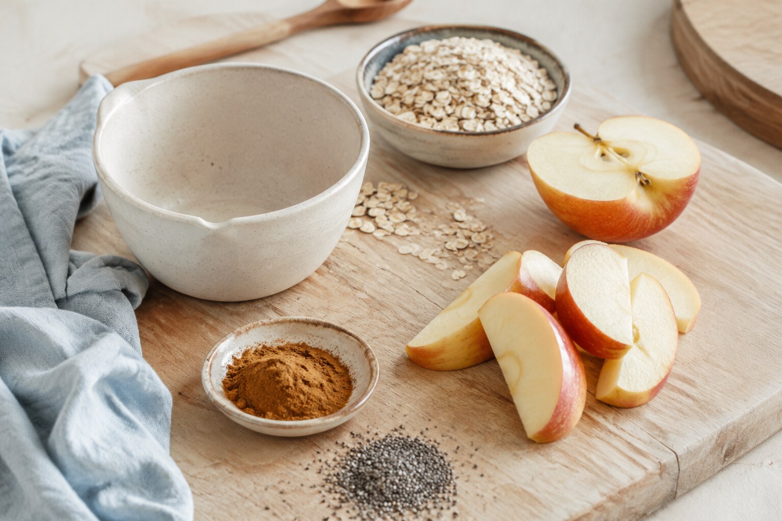 Rolled oats, apple, cinnamon and a bowl on a pale coastal farmhouse bench