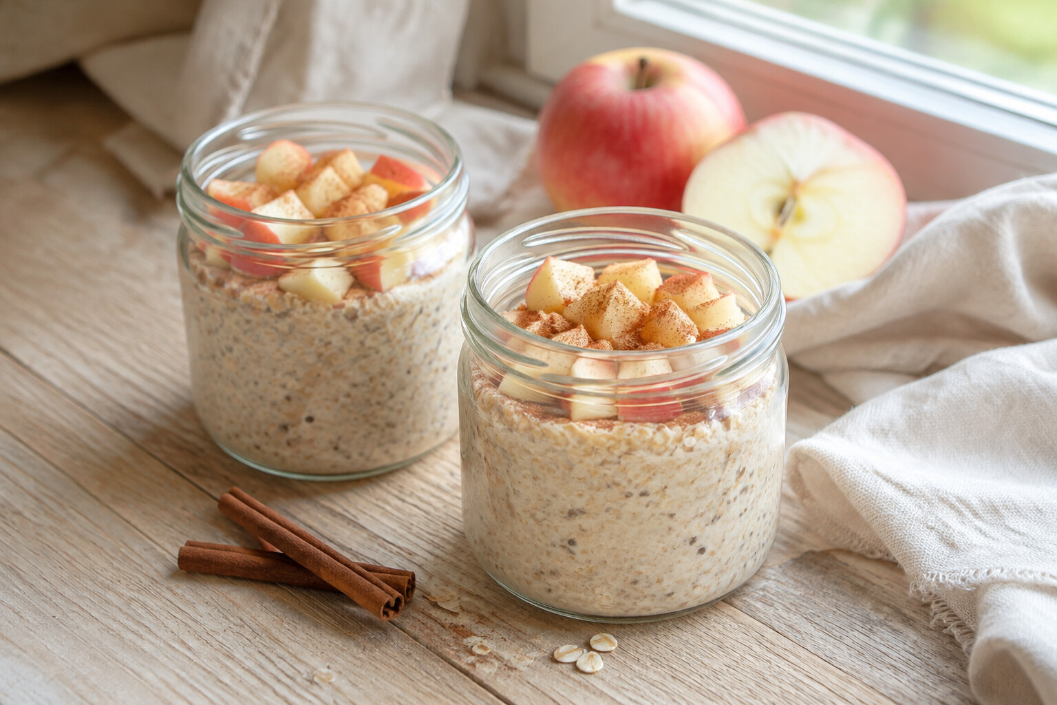 Apple cinnamon overnight oats in two glass jars in soft morning light