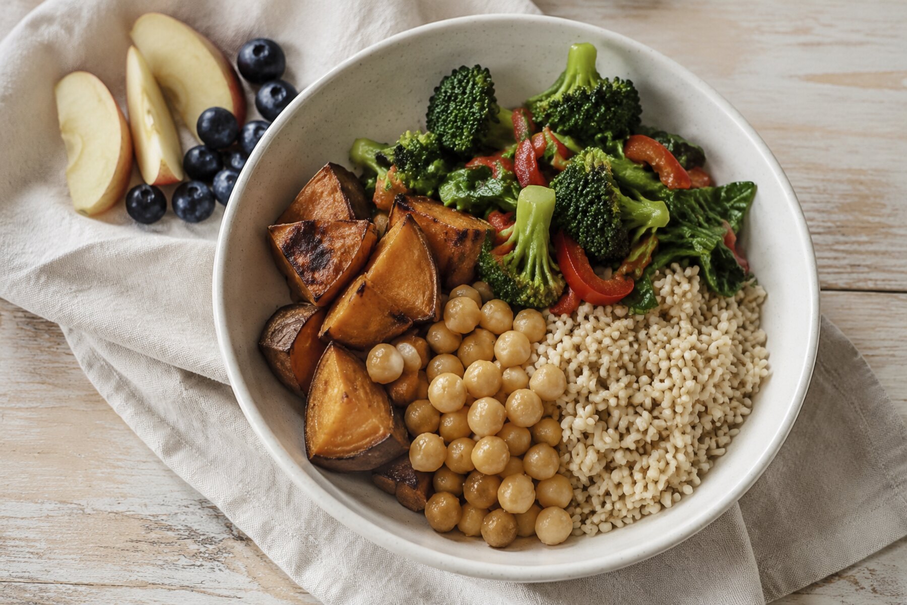 An overhead plant-based bowl with fruit, vegetables, whole grains, legumes and roasted starchy vegetables arranged in five sections